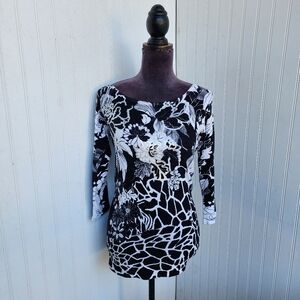 Cache Black White 3/4 Sleeve Floral Animal Print Sequin Knit Top Sweater Sz S